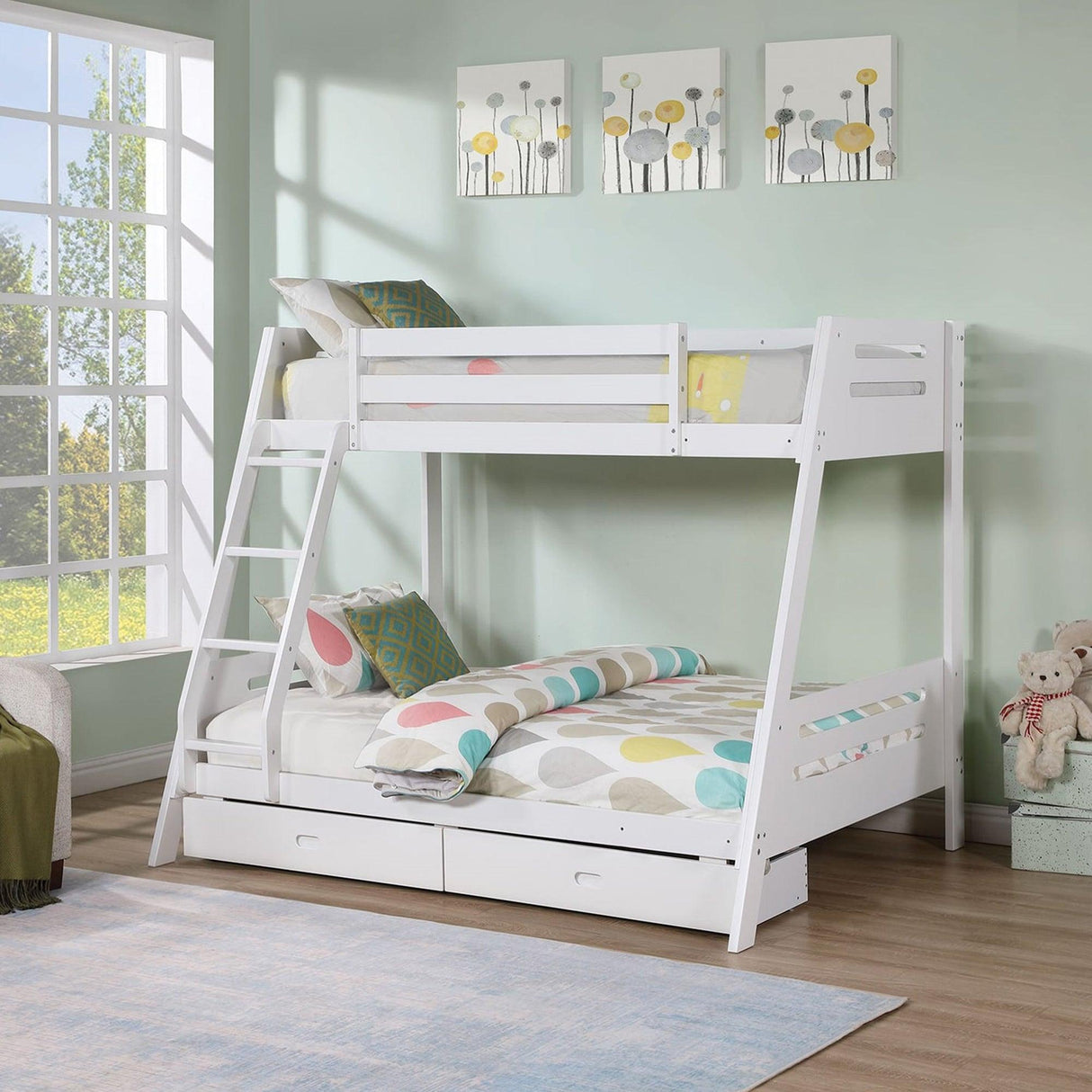 Solid Wood Twin / Full Bunk Bed with Reversible Angled Ladder and Underbed Drawers-Parc Decor
