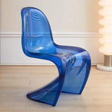 Sora dining chair in translucent blue acrylic with a curved, modern design on a wood floor.