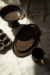 Stoneware Pedestal Fruit Bowl "Pumpernickel" with Gold Leaves-Parc Decor