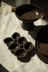 Stoneware Pedestal Fruit Bowl "Pumpernickel" with Gold Leaves-Parc Decor