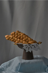 Stoneware Pedestal Fruit Bowl "Pumpernickel" with Gold Leaves-Parc Decor