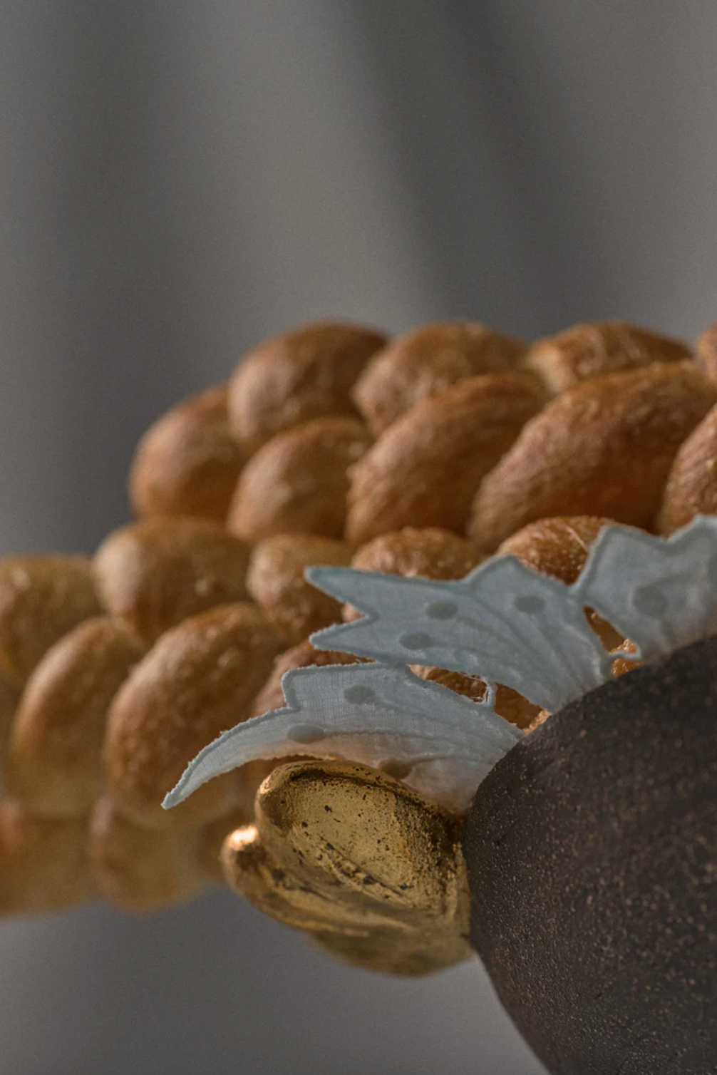 Stoneware Pedestal Fruit Bowl "Pumpernickel" with Gold Leaves-Parc Decor