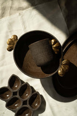 Stoneware Pedestal Fruit Bowl "Pumpernickel" with Gold Leaves-Parc Decor