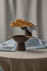 Stoneware Pedestal Fruit Bowl "Pumpernickel" with Gold Leaves-Parc Decor