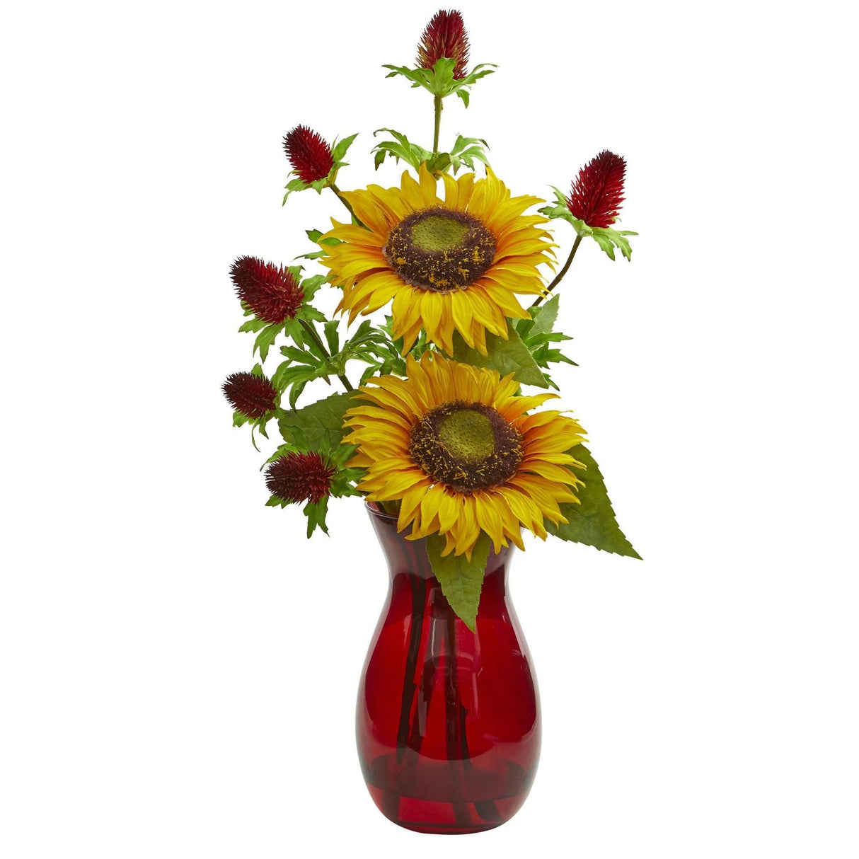 Sunflower and Thistle Artificial Arrangement in Red Vase-Parc Decor