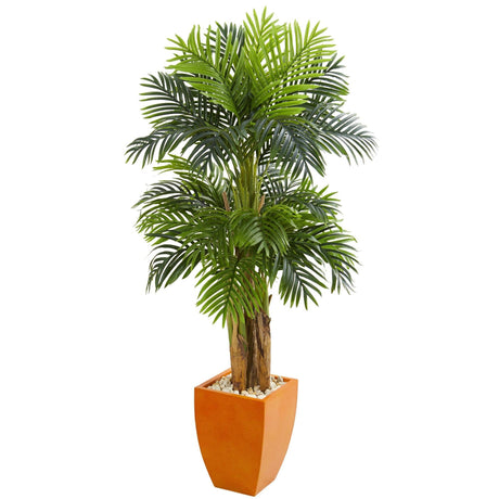 Triple Areca Palm Artificial Tree in Orange Planter-Parc Decor