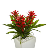 Triple Bromeliad Artificial Plant in White Tower Planter-Parc Decor