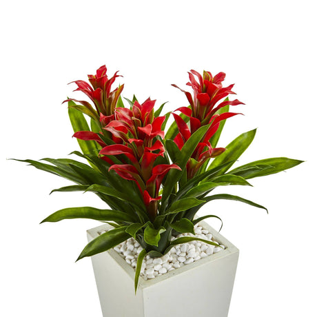 Triple Bromeliad Artificial Plant in White Tower Planter-Parc Decor