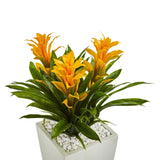 Triple Bromeliad Artificial Plant in White Tower Planter-Parc Decor