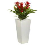 Triple Bromeliad Artificial Plant in White Tower Planter-Parc Decor