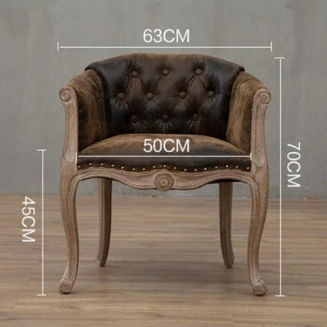 Willem Accent Chair: Brown tufted leather accent chair with light wood frame and cabriole legs. Dimensions shown.