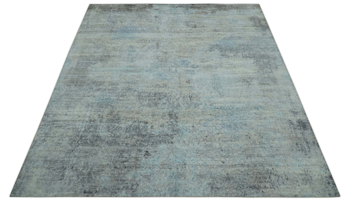 Abstract Blue And Gray 8x10 Hand Knotted Bamboo Silk Area Rug
