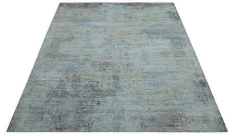Abstract Blue And Gray 8x10 Hand Knotted Bamboo Silk Area Rug