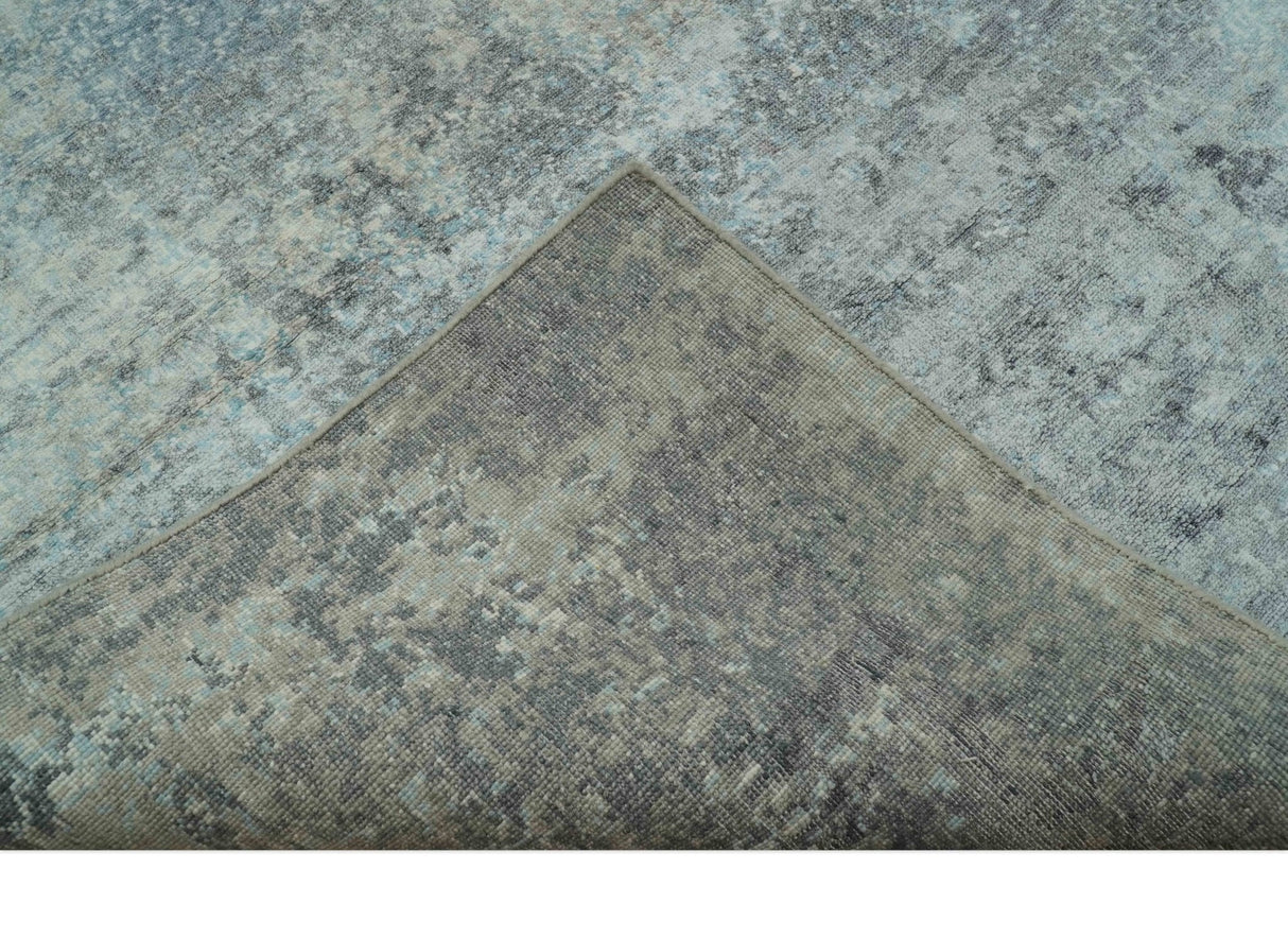 Abstract Blue And Gray 8x10 Hand Knotted Bamboo Silk Area Rug