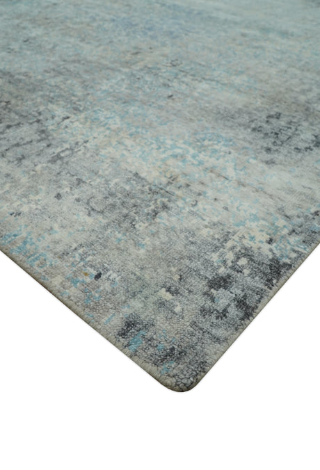 Abstract Blue And Gray 8x10 Hand Knotted Bamboo Silk Area Rug