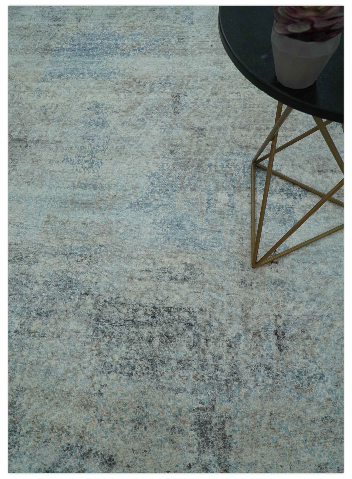 Abstract Blue And Gray 8x10 Hand Knotted Bamboo Silk Area Rug
