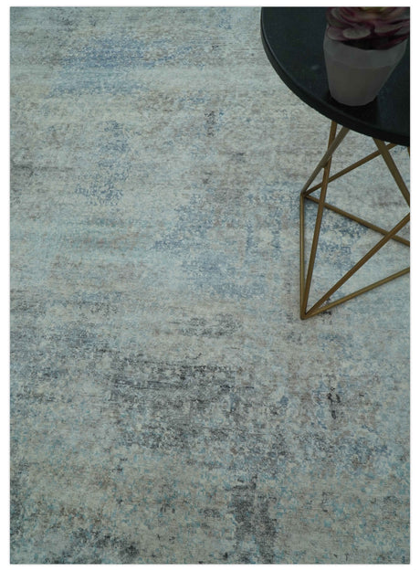 Abstract Blue And Gray 8x10 Hand Knotted Bamboo Silk Area Rug