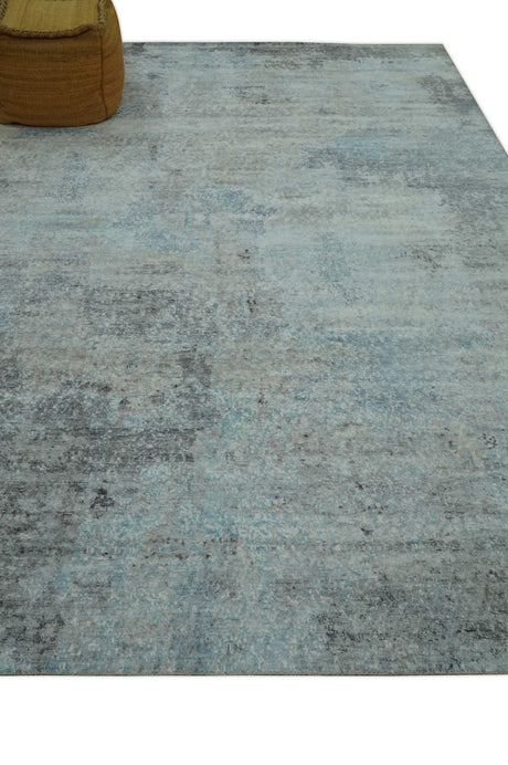 Abstract Blue And Gray 8x10 Hand Knotted Bamboo Silk Area Rug