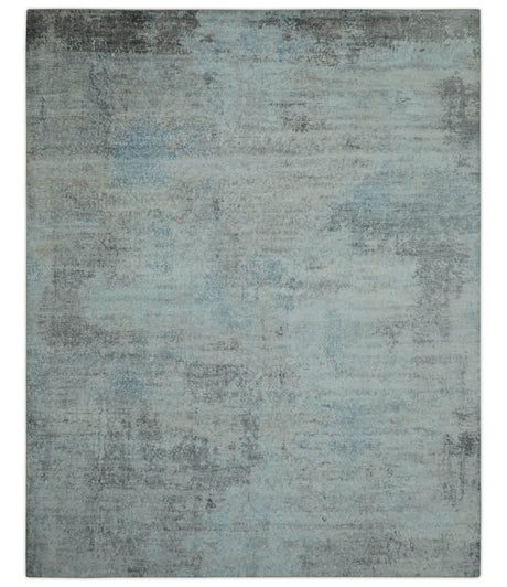 Abstract Blue And Gray 8x10 Hand Knotted Bamboo Silk Area Rug