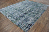 Abstract Ivory, Blue and Moss Green Fine Hand Knotted Art Silk Area Rug-Area Rug-Parc Decor