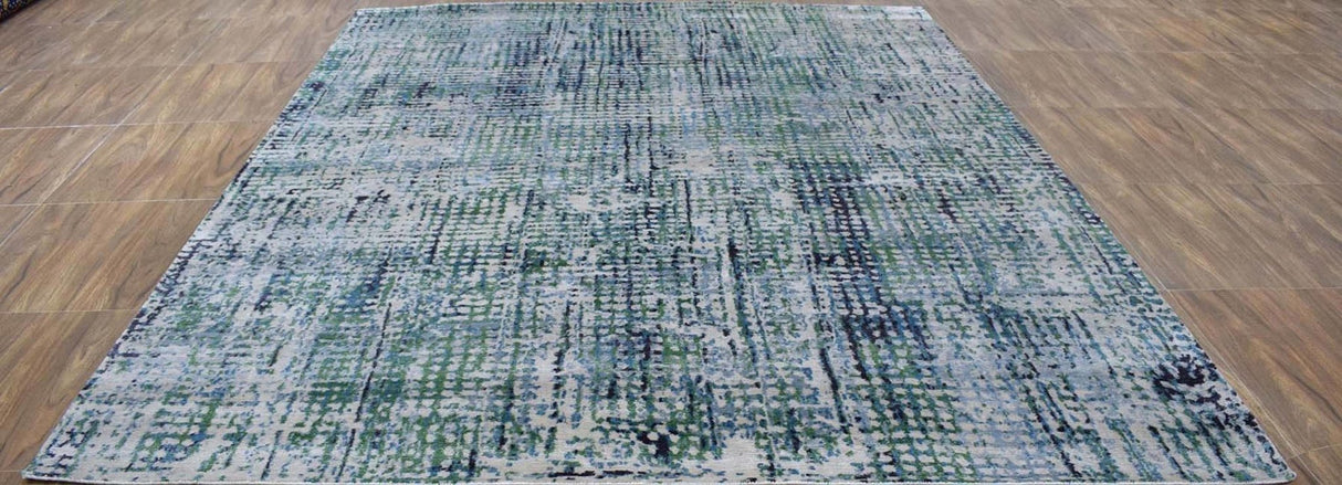 Abstract Ivory, Blue and Moss Green Fine Hand Knotted Art Silk Area Rug-Area Rug-Parc Decor