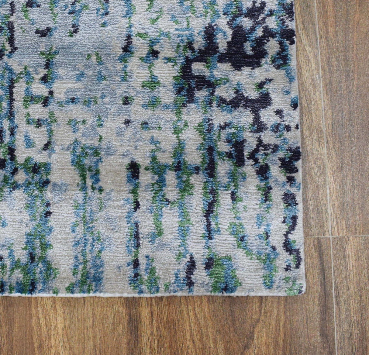Abstract Ivory, Blue and Moss Green Fine Hand Knotted Art Silk Area Rug-Area Rug-Parc Decor