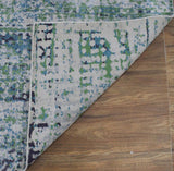Abstract Ivory, Blue and Moss Green Fine Hand Knotted Art Silk Area Rug-Area Rug-Parc Decor