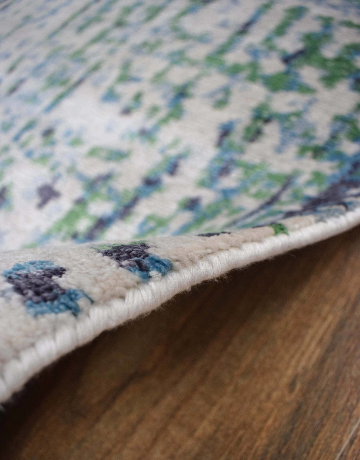 Abstract Ivory, Blue and Moss Green Fine Hand Knotted Art Silk Area Rug-Area Rug-Parc Decor