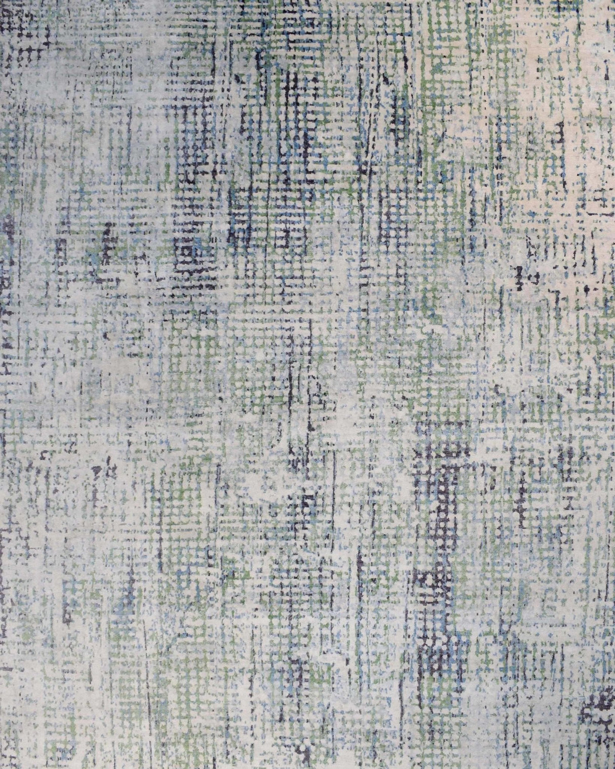 Abstract Ivory, Blue and Moss Green Fine Hand Knotted Art Silk Area Rug-Area Rug-Parc Decor