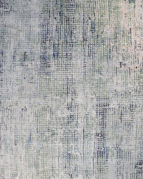 Abstract Ivory, Blue and Moss Green Fine Hand Knotted Art Silk Area Rug-Area Rug-Parc Decor
