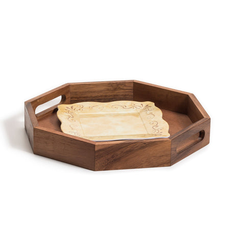 Acacia Wood Octagon Serving Tray – Rustic Wooden Tray for Coffee Table, Kitchen or Home Decor