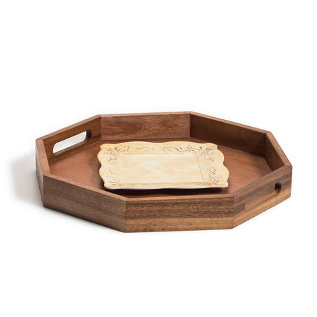 Acacia Wood Octagon Serving Tray – Rustic Wooden Tray for Coffee Table, Kitchen or Home Decor