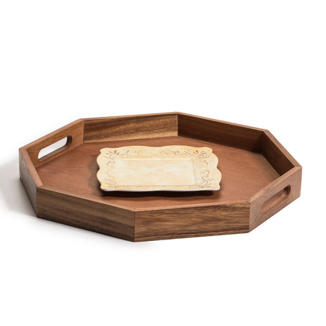 Acacia Wood Octagon Serving Tray – Rustic Wooden Tray for Coffee Table, Kitchen or Home Decor