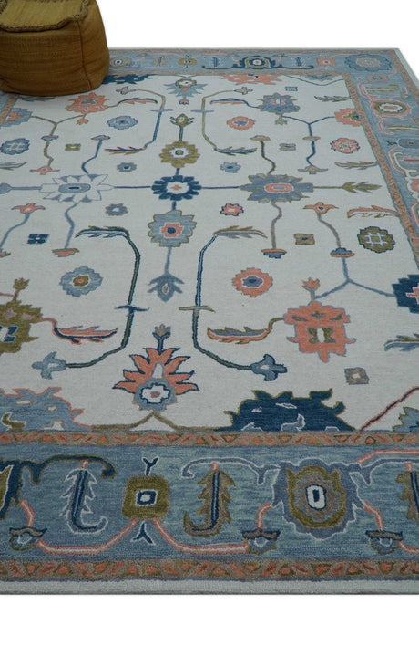 Allure Custom Made Ivory And Blue Traditional Oushak Hand Tufted Wool Rug