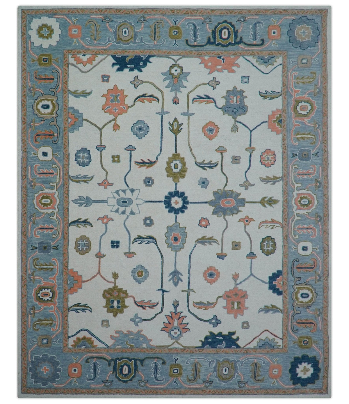 Allure Custom Made Ivory And Blue Traditional Oushak Hand Tufted Wool Rug