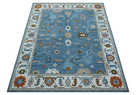 Allure Custom Made Modern Oushak Blue And Ivory Hand Tufted Wool Rug