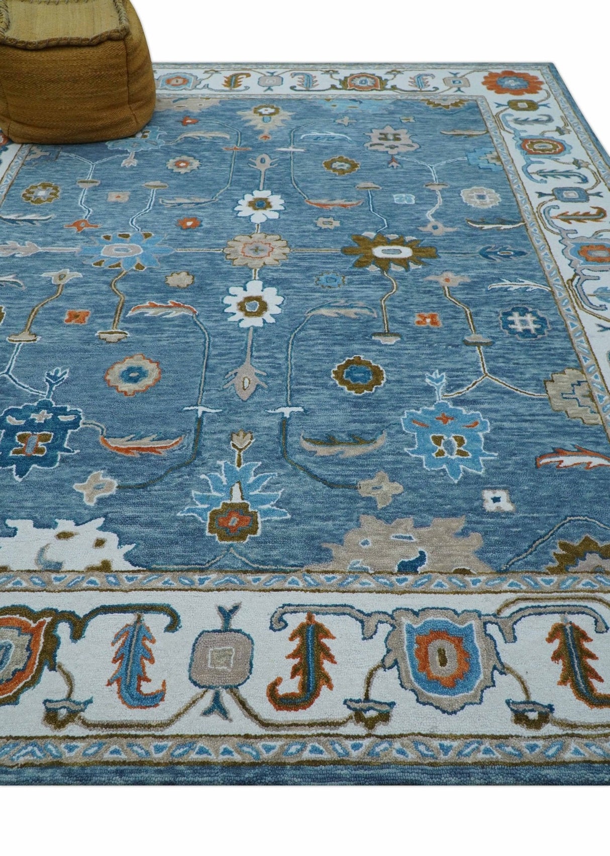 Allure Custom Made Modern Oushak Blue And Ivory Hand Tufted Wool Rug