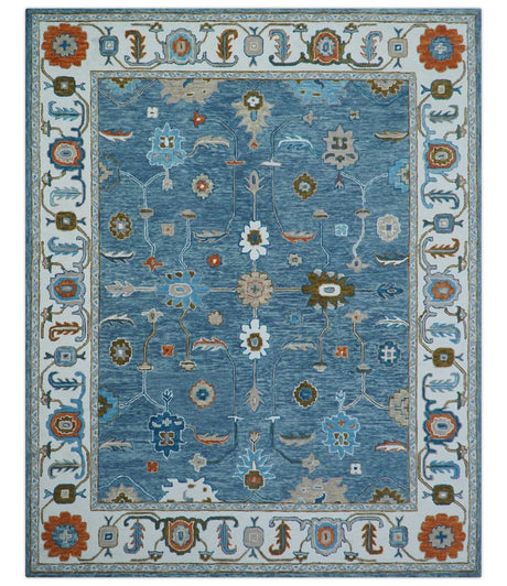 Allure Custom Made Modern Oushak Blue And Ivory Hand Tufted Wool Rug