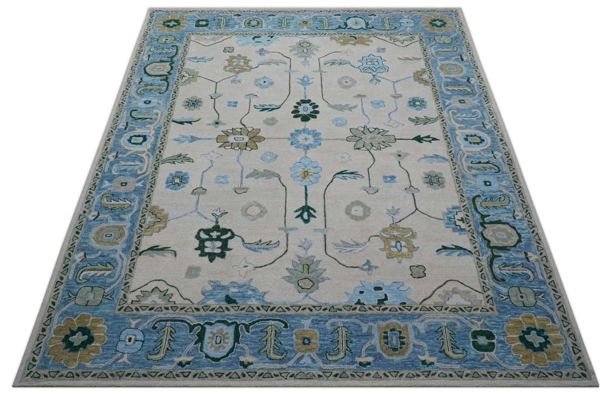 Allure Custom Made Traditional Oushak Beige And Blue Hand Tufted Wool Rug