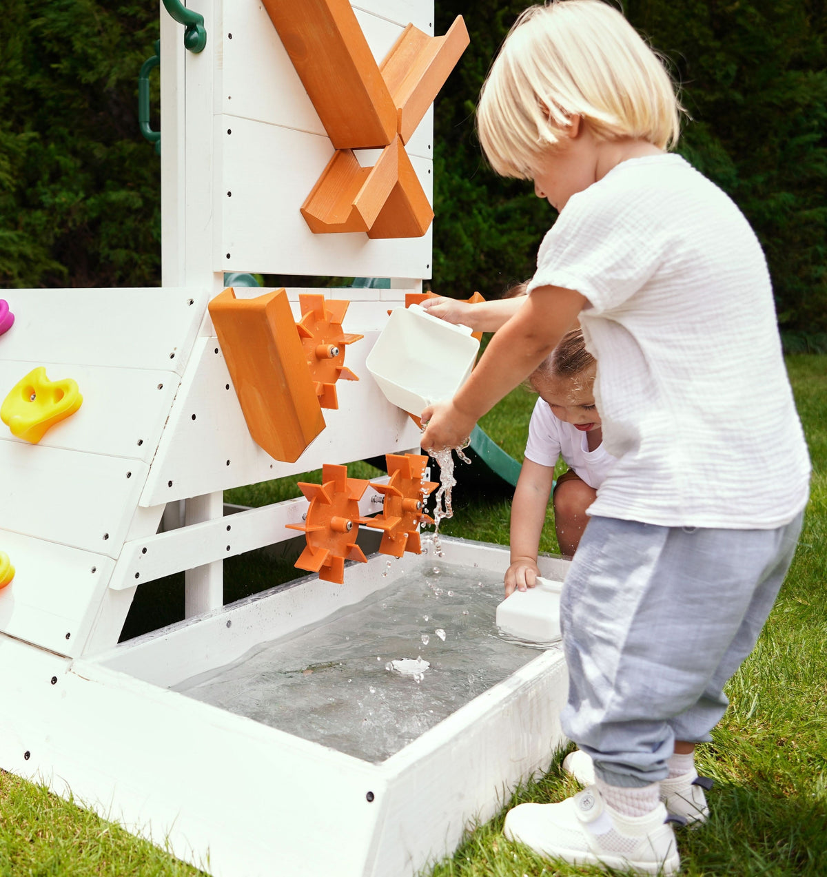 Aloe Wooden Outdoor Playhouse for Toddlers | Slide, Water Wheel Station, Steering Wheel & Sandbox