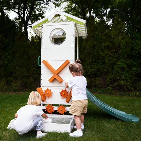 Aloe Wooden Outdoor Playhouse for Toddlers | Slide, Water Wheel Station, Steering Wheel & Sandbox