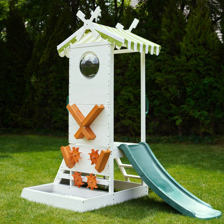 Aloe Wooden Outdoor Playhouse for Toddlers | Slide, Water Wheel Station, Steering Wheel & Sandbox