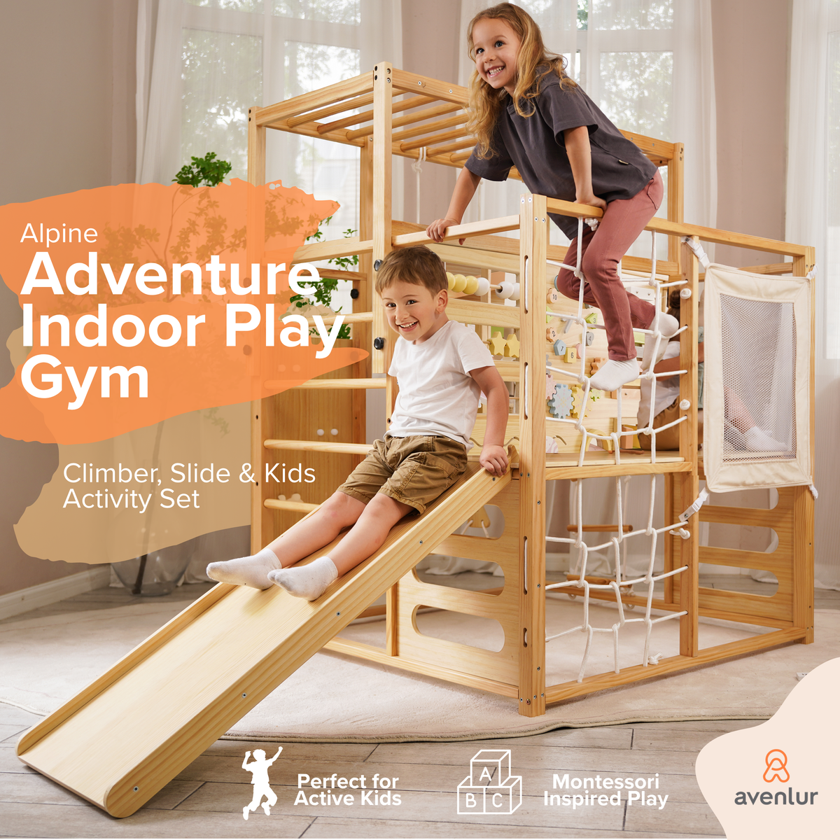 Alpine | Adjustable Indoor Jungle Gym with Slide, Climbing Wall & Monkey Bars