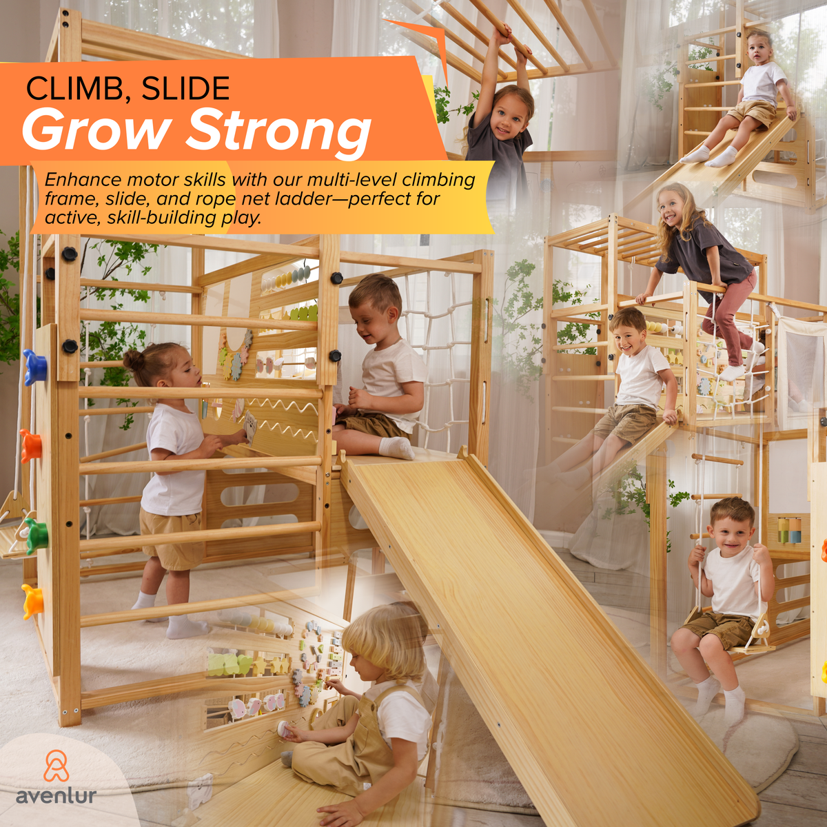 Alpine | Adjustable Indoor Jungle Gym with Slide, Climbing Wall & Monkey Bars