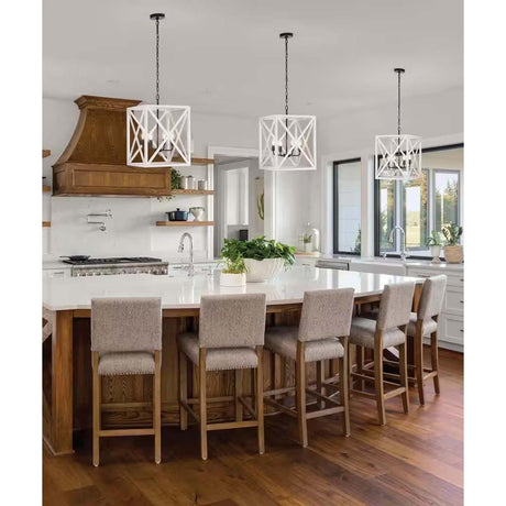 Alsy 16"W 4-Light Distressed White Caged Large Pendant Chandelier Light Fixture, French Country Style-Pendant-Parc Decor