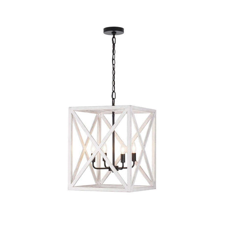 Alsy 16"W 4-Light Distressed White Caged Large Pendant Chandelier Light Fixture, French Country Style-Pendant-Parc Decor