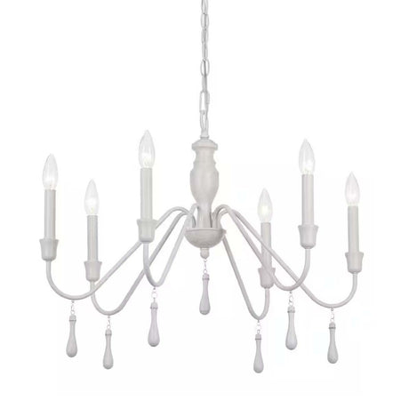 Alsy 26"W 6-Light Distressed-White Beaded Modern Farmhouse Cottage Chandelier