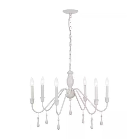 Alsy 26"W 6-Light Distressed-White Beaded Modern Farmhouse Cottage Chandelier