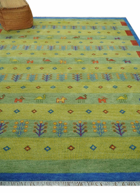 Animal and Tree Life Green, Blue and Rust Hand knotted Traditional Multi Size Wool Area Rug, Kids, Living Room and Bedroom Rug