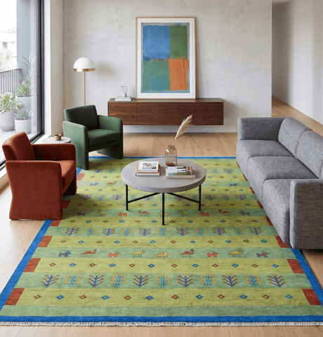 Animal and Tree Life Green, Blue and Rust Hand knotted Traditional Multi Size Wool Area Rug, Kids, Living Room and Bedroom Rug